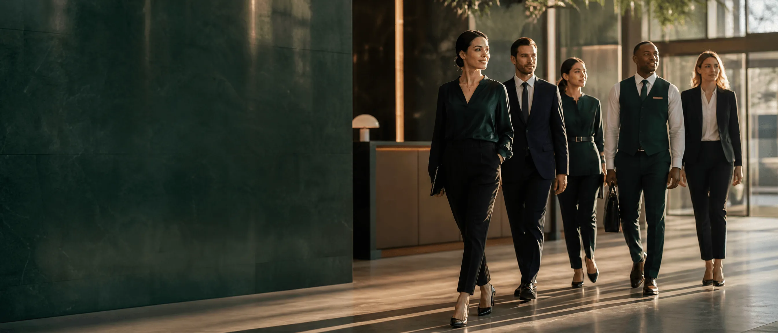 A diverse group of skilled professionals walking together